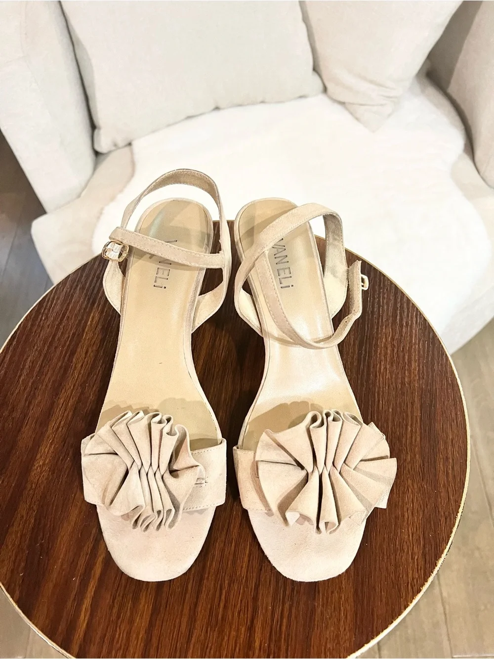 VANELi Beige Nude Suede Ruffle Ankle Strap Kitten Heel Sandals, size 10